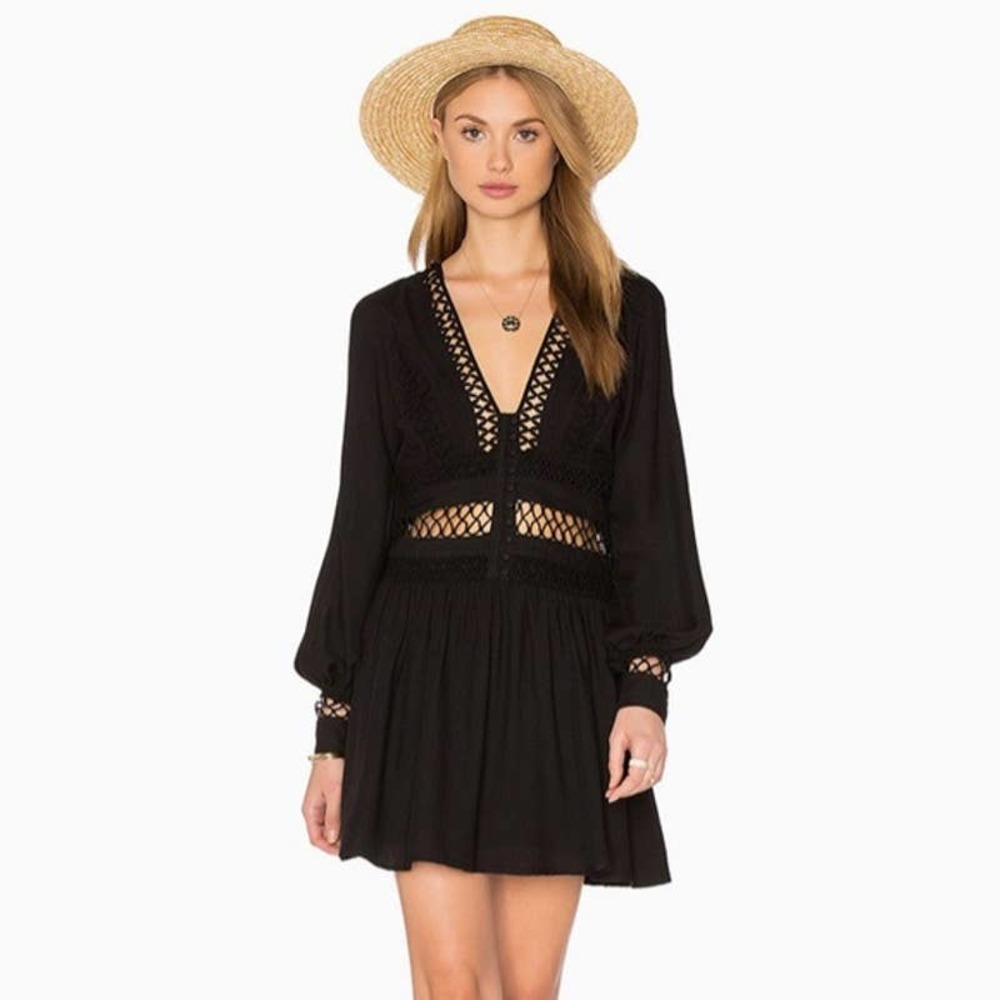 Free People Black V Neck Long Sleeve I Think I Love You Dress Womens 0 NEW